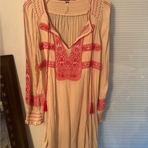 Free People Bohemian Cream and Red Embroidered Dress